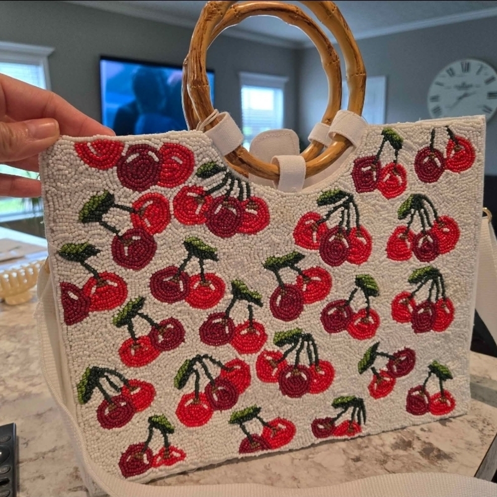 Viral - Cherry Beaded Red and White Tote Bag with Cherry Design